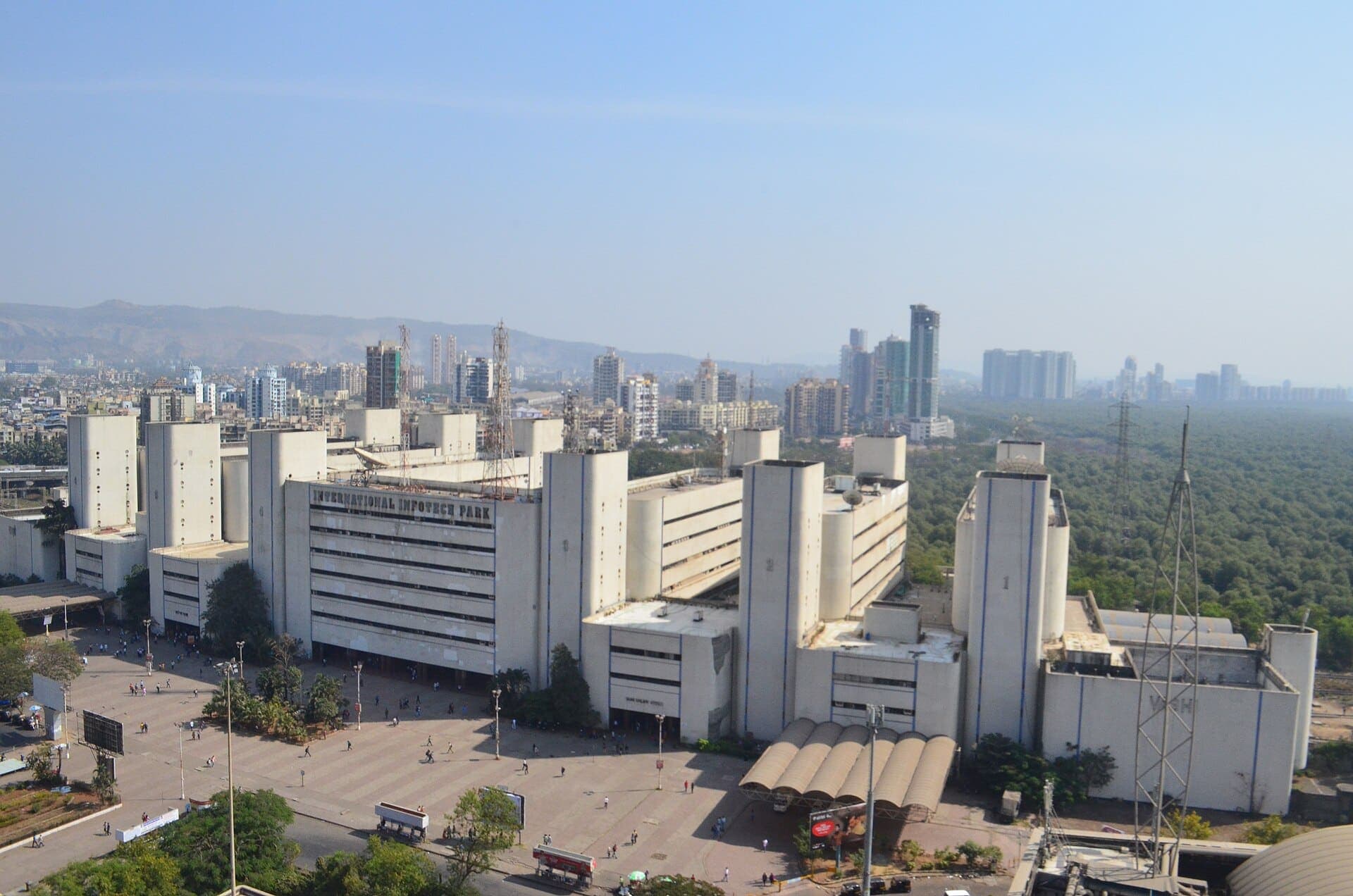 Vashi station and the white towers of the office park built over it, seen from above